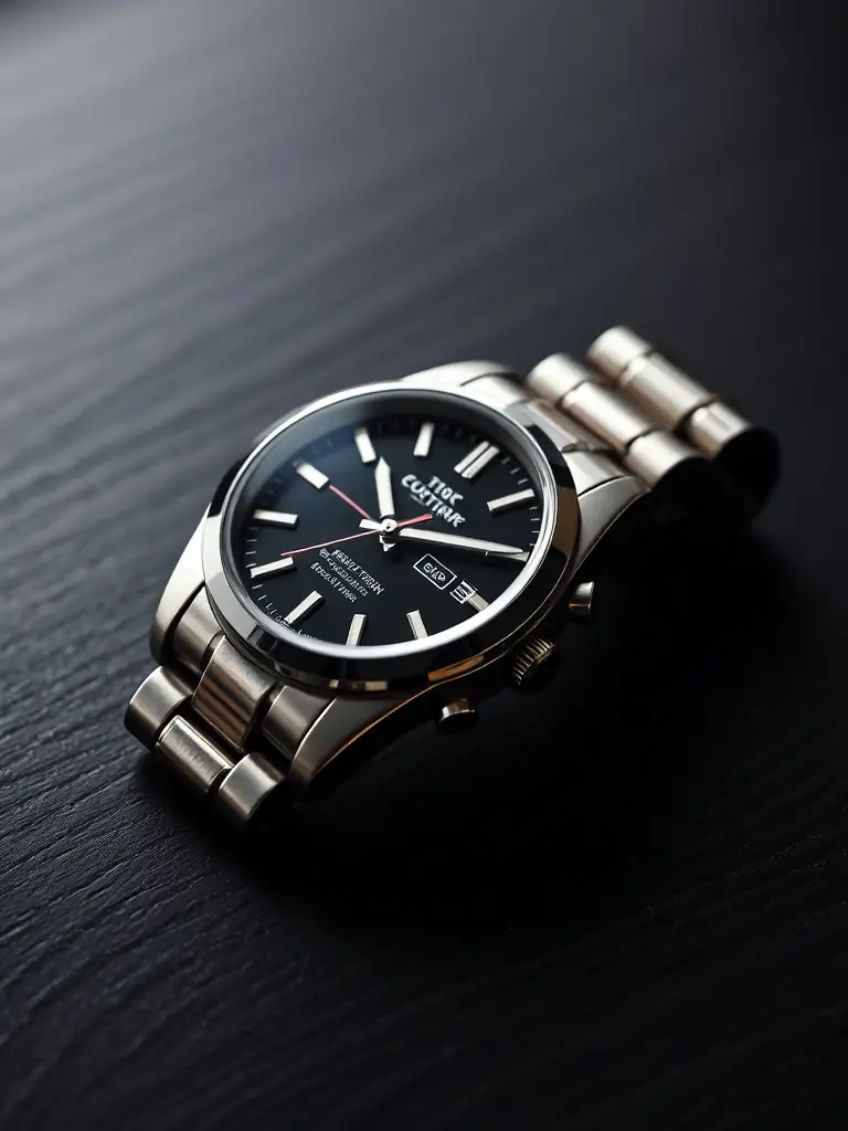 A high-resolution product shot of a sleek, modern watch on a clean white background, showcasing its details and design, intended to highlight the quality of product photography offered by PixelBay Studio.