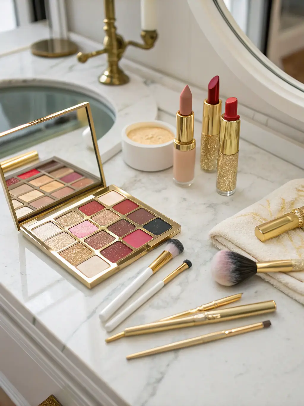 A creative flat lay arrangement featuring various beauty products (e.g., makeup brushes, lipstick) on a colorful background, demonstrating PixelBay Studio's expertise in creating visually appealing flat lay compositions.